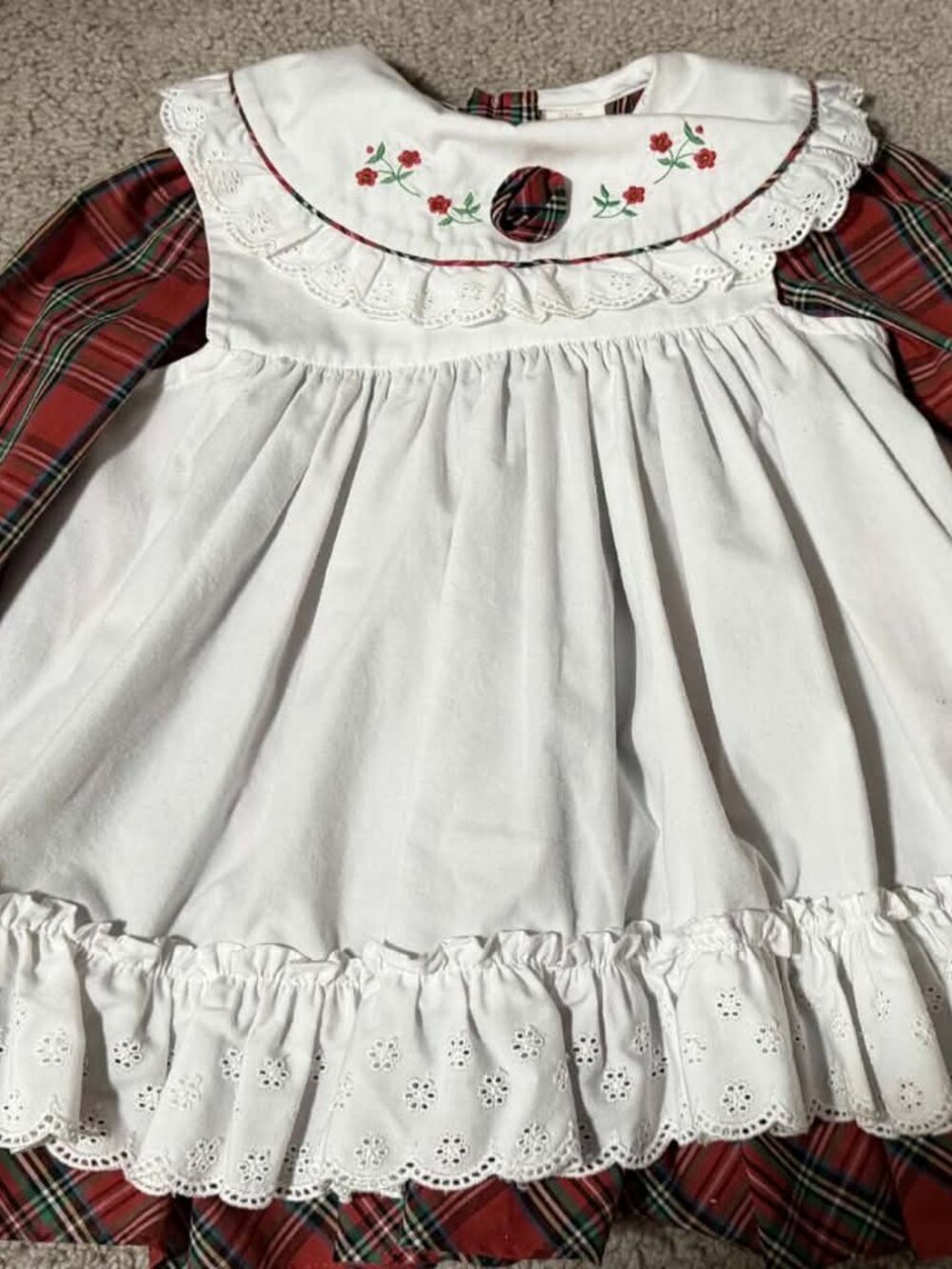 Vintage 24M Christmas Dress Red Plaid White Eyelet Embroidered